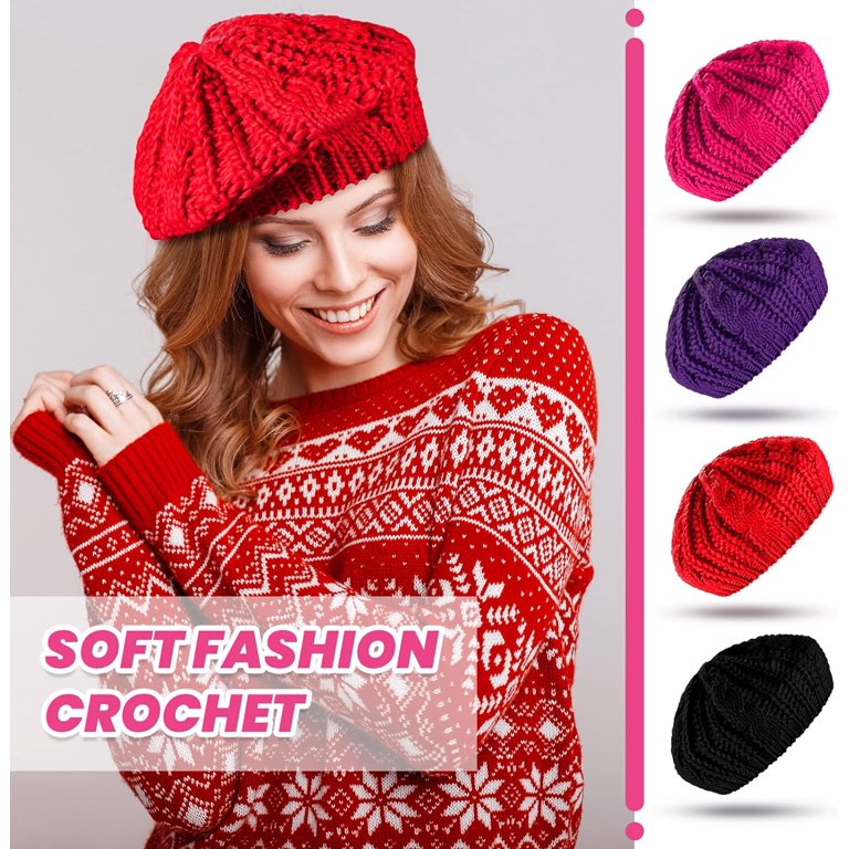 4 Pieces Women\'s Crochet Beret Hats Soft Lightweight Crochet Knit Beret Hats Soft Knit Lightweight Crochet Beret 4 Pieces Beret Hats for  main image 2