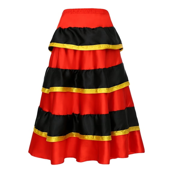 Sholeno Kids Girls Spanish Flamenco Bull Dance Skirt Belly Dance Costume Red Black Color Block Tiered Red 100-110