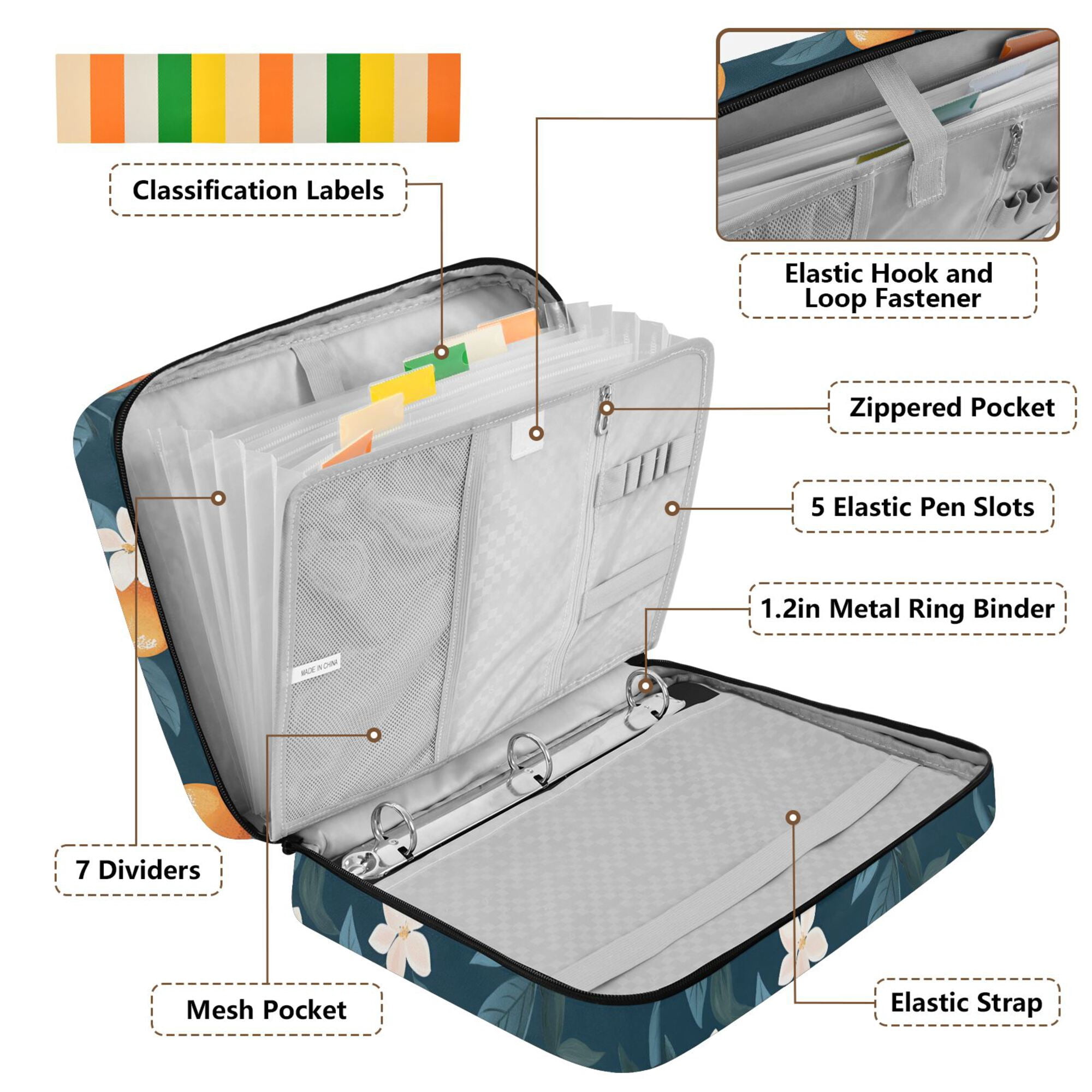 FORMRS Accordion File Folder A4 Size 7-Pocket Expanding Document Organizer Bag with 3 Ring Binder, Oranges Pattern