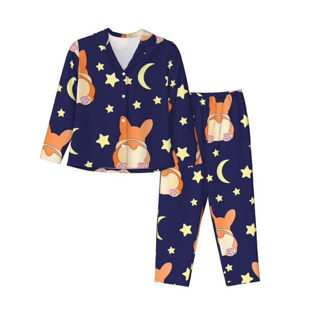 Balery Corgi Lying With Moons And Stars Conjunto de Pijama con Estampado para Mujer, Conjunto de Dos Piezas con Manga Larga, Ropa de Dormir Suave con Bolsillos, Pijamas Cómodos-Medium