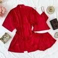 thumbnail image 2 of HUJlwoi 3 Piece Pajama Sets Women Silk Satin Lounge Pj Sets Spaghetti Cami Tops and Ruffle Shorts Sleepwear with Belted Robe, 2 of 3