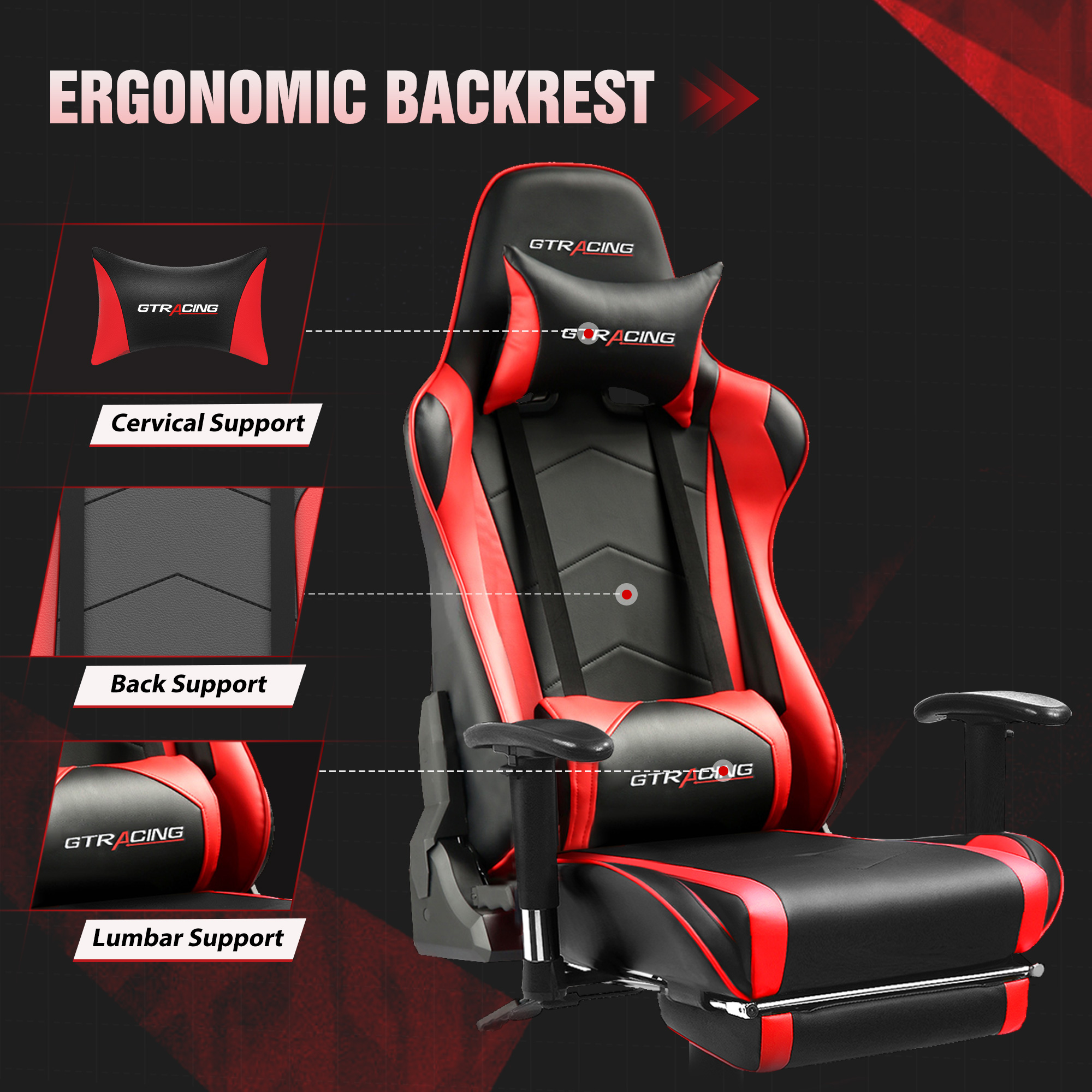 GTRACING Gaming Chair Office Chair PU Leather with Footrest & Adjustable Headrest, Red - image 3 of 6