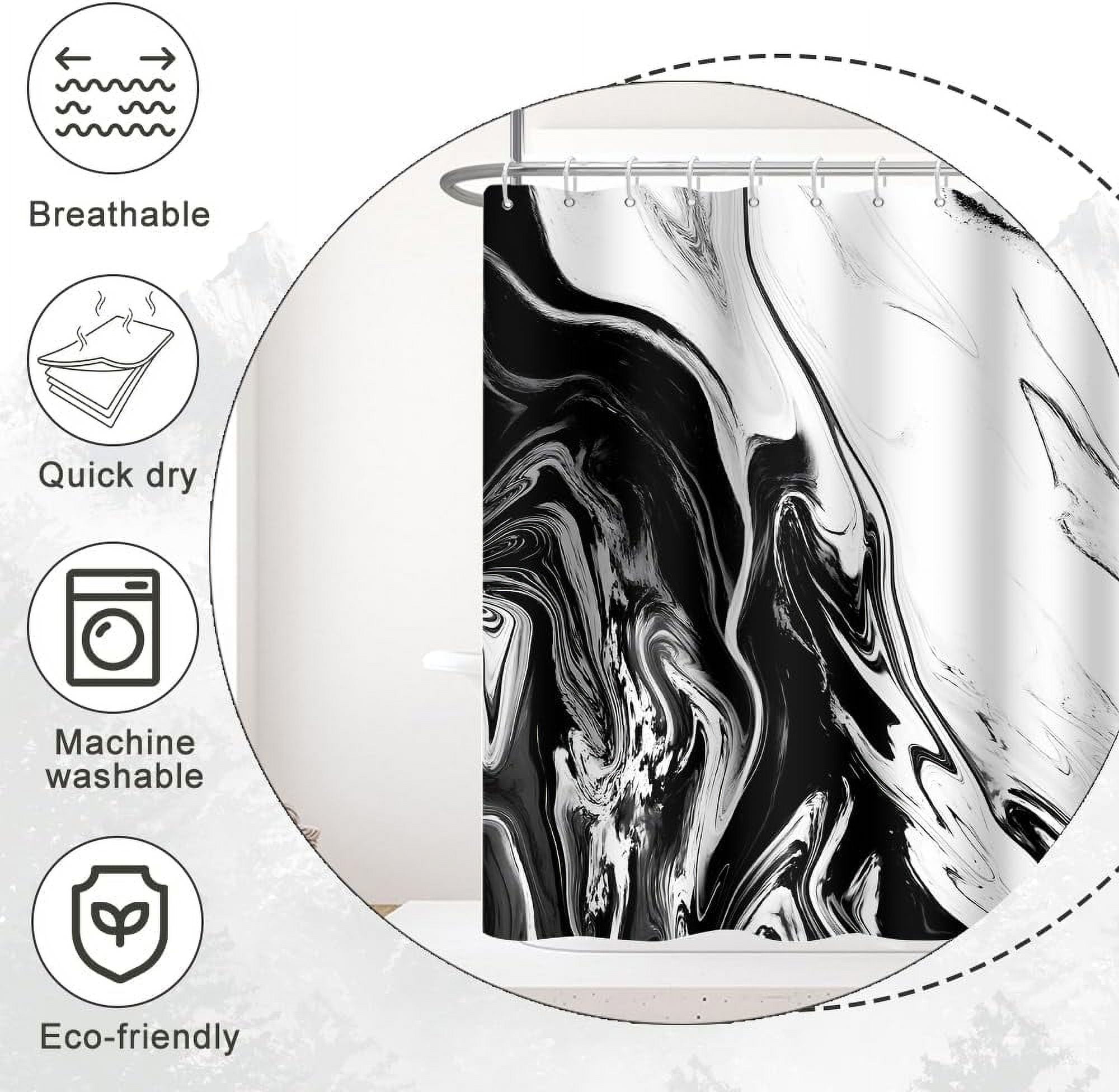Black and White Shower Curtain, Modern Abstract Marble Shower Curtain for Bathroom Aesthetic Ink Texture Waterproof Fabric Shower Curtain Set with Hooks, 72x72 Inch