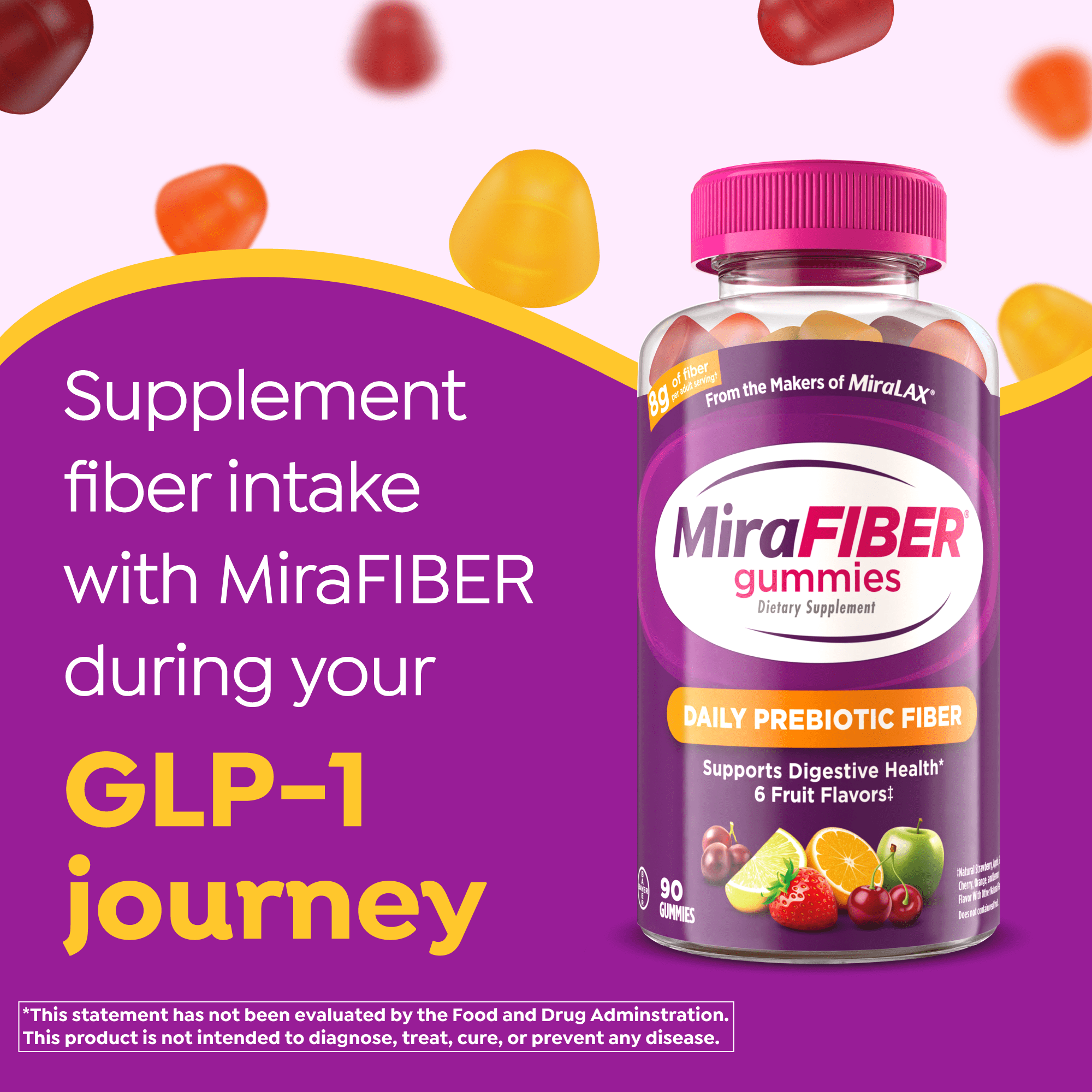 MiraFIBER Daily Prebiotic Fiber Gummies, From The Makers of MiraLAX, 8g Per Adult Serving, Gut Health with Prebiotic Fiber, Gummies for Adults & Children 4+, Mixed Fruit Flavor, 90 Count
