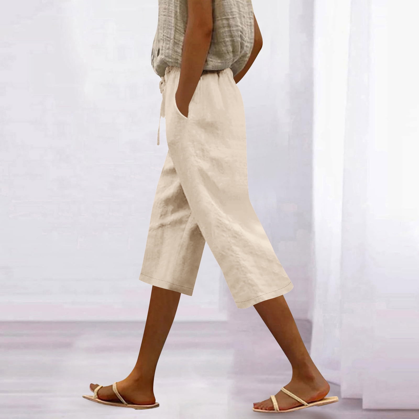 AKOEE Linen Capris for Women Summer Casual with Pockets Lightweight Cropped Straight Leg Drawstring Capri Pants (L, Khaki)