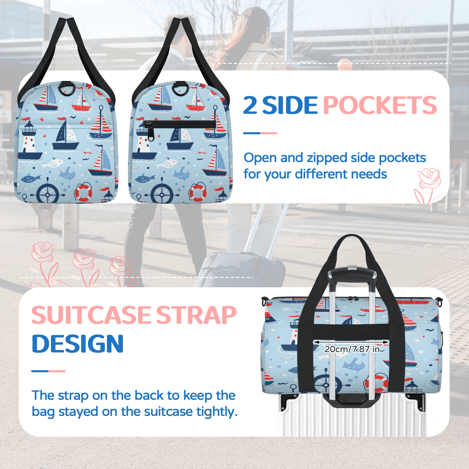Herdesigns Nautical Sailboat Gym Bag for Women, Duffle Bag for Travel Sport, Ocean Fish Lightweight Waterproof Carry on Weekender Dance Yoga Workout Bags