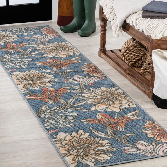 JONATHAN Y CONTEMPORARY POP 2 x 8 Runner Rug, Giglio Botanical Flower - Blue/Orange/Cream, CTP202A-28