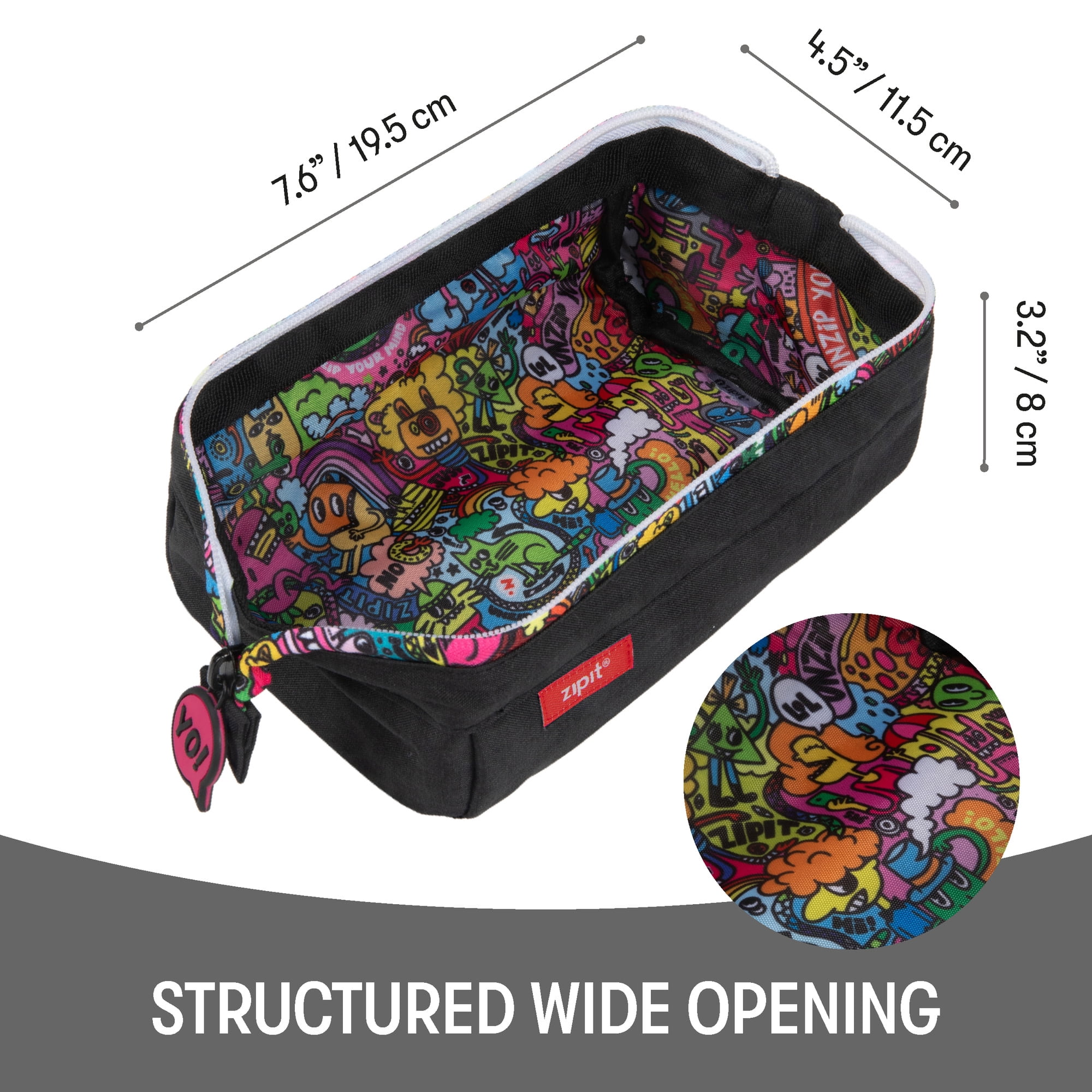 ZIPIT: Lenny Pencil Case - Black & Doodles - Large Storage Capacity Zipper Pouch, Makeup-Stationery Bag, School, Washable Polyester, Kids-Teens-Adults