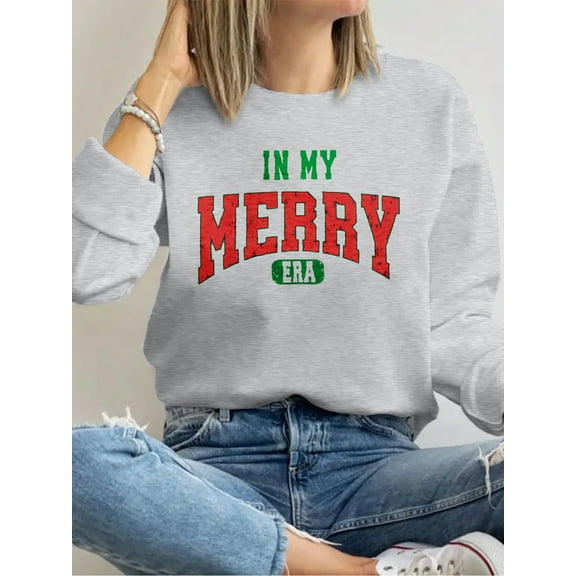 In My Merry Era Sweatshirt Print Long Sleeve Shirts For Women Gray One-Piece