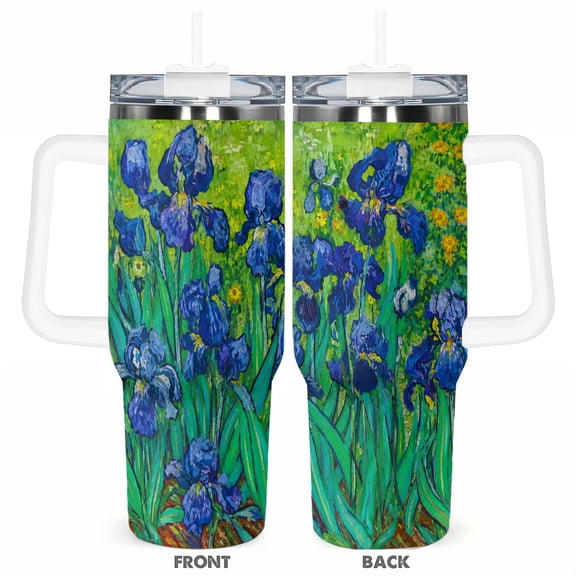 40oz Blue Iris Floral Insulated Travel Tumbler Car Cup with Handle and Straw Lid Coffee Gift
