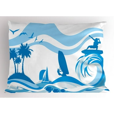 Ambesonne Aquatic Pillow Sham, Surfer Waves Summertime, 26" X 20", Blue Pale Blue