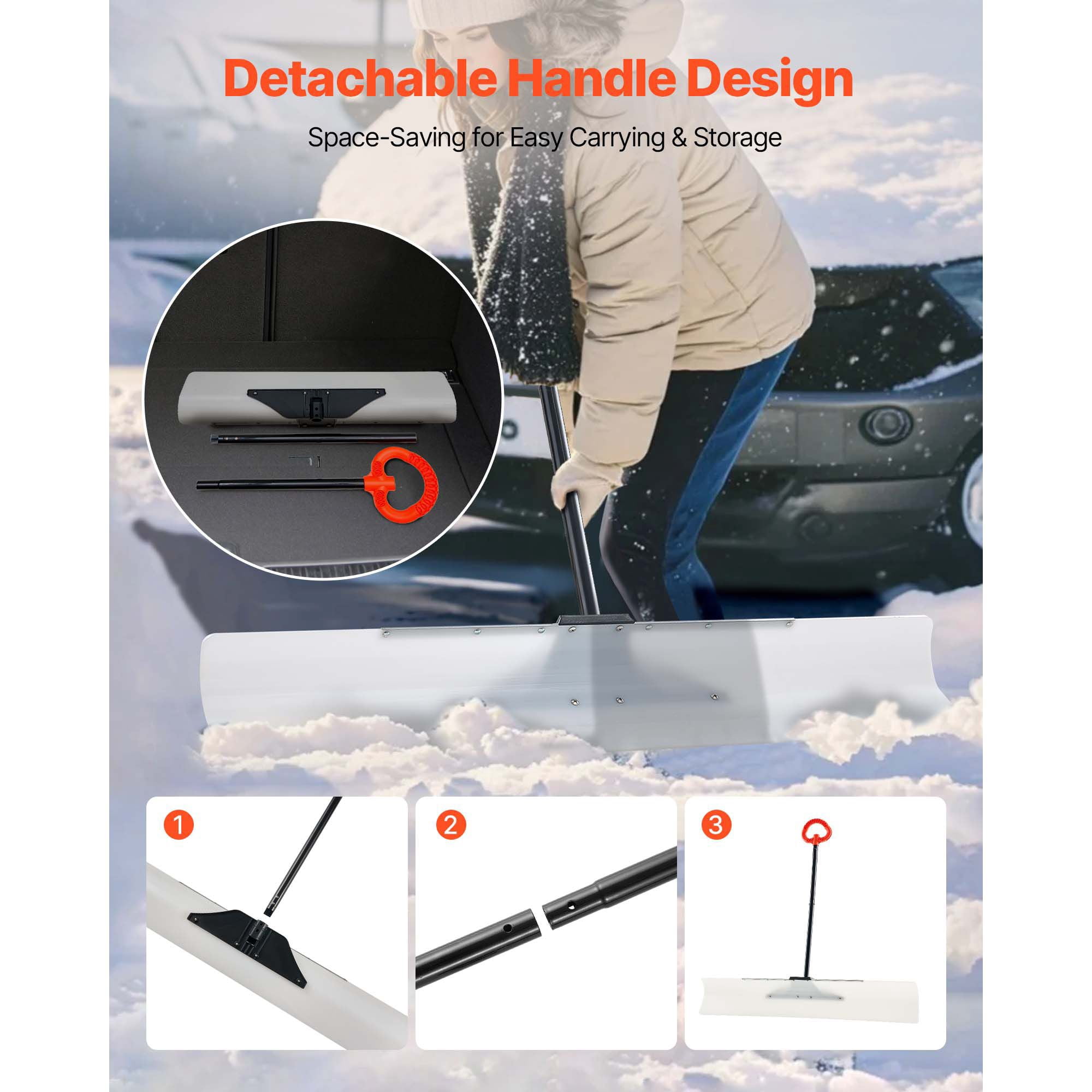 48" Snow Pusher Shovel with Metal Edge, HDPE Blade, Anti-Slip Grip, Segmented Handle, for Driveway Deck Stairs Winter Snow Removal