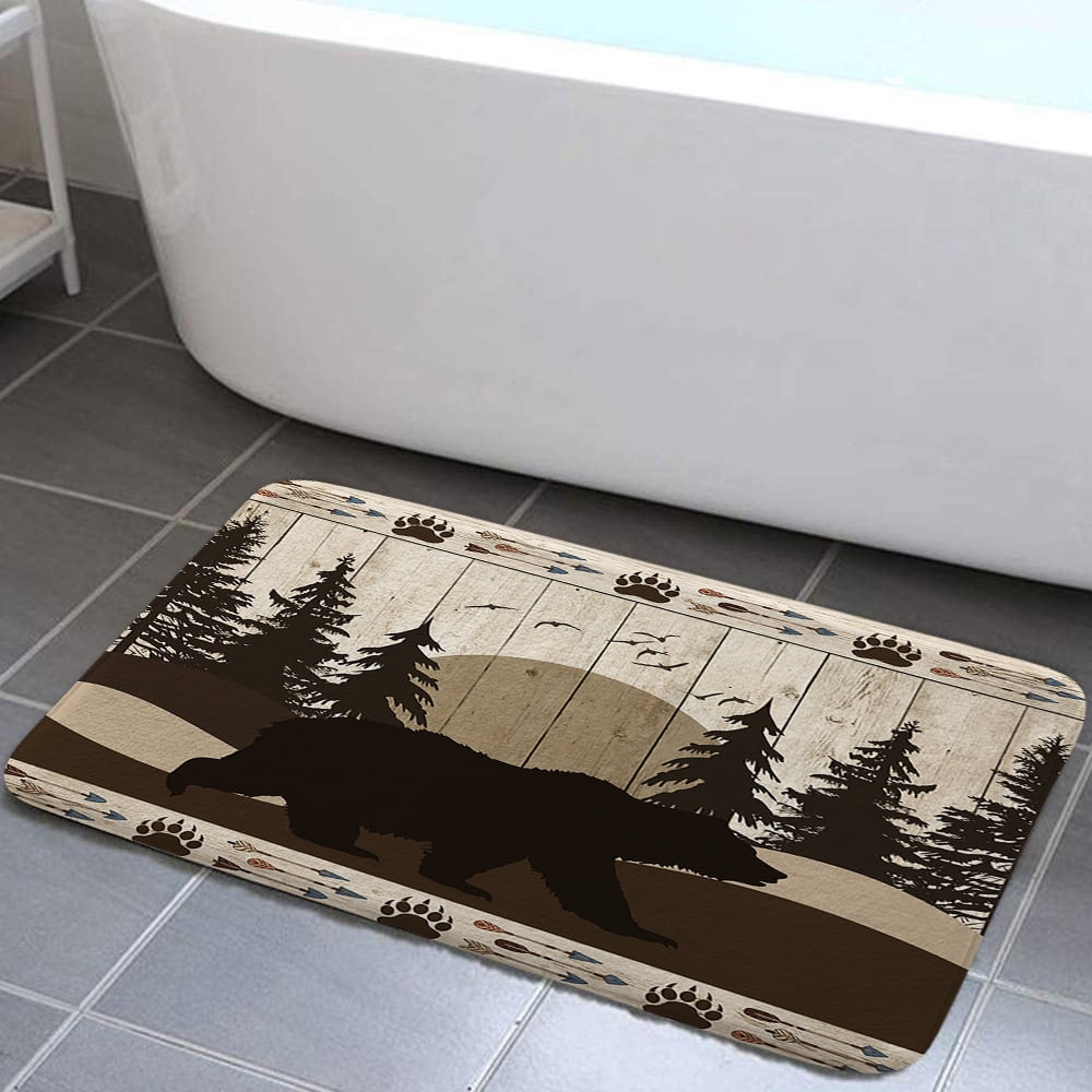Cabin Bear Bathroom Rugs, Forest Animal Lodge Cabin Vintage Country Farm Wildlife Bathroom Mat
