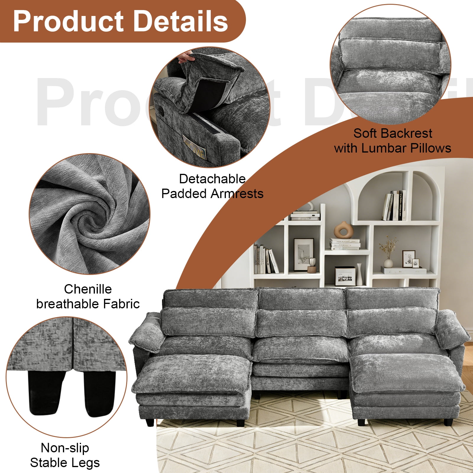 113'' Modular Sectional Sofa,U Shaped Couch with Movable Ottoman, Convertible Sectional Couches with Deep Seat, 3 Seat for Living Room Comfy Cloud Sofa with USB Side Pockets & Charging(Grey)