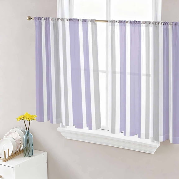 Sheer Curtains 54 Inch Length 2 Panels Set for Kitchen, Light Purple Grey Stripe Semi Sheer Curtains for Windows, Farmhouse Minimalist Striped Voile Window Treatments Rod Pocket Curtain