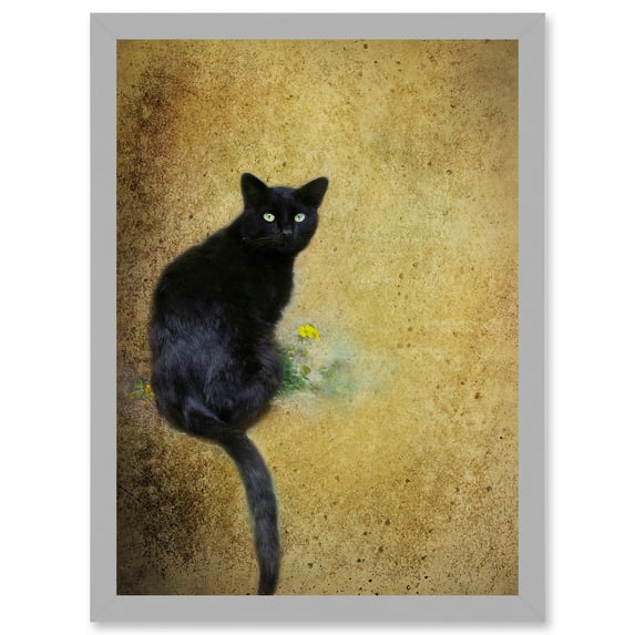 Black Cat With Yellow Flower Artwork Framed Wall Art Print A4