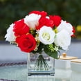 thumbnail image 2 of Enova Home Artificial 18 Heads Silk Roses Flowers Arrangement in Clear Glass Vase With Faux Water For Home Office (Cream Red), 2 of 4