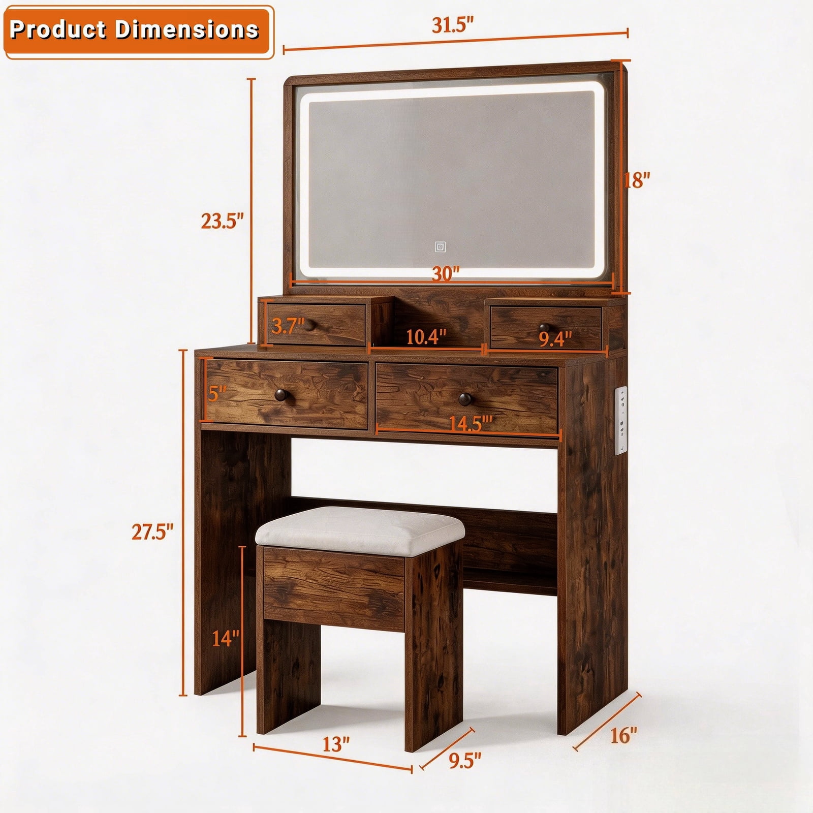 Haewon 31" Vanity Desk with Mirror, LED Lights and Charging Station, Makeup Vanity with Storage Stool, Vanity Set for Bedroom, Brwon
