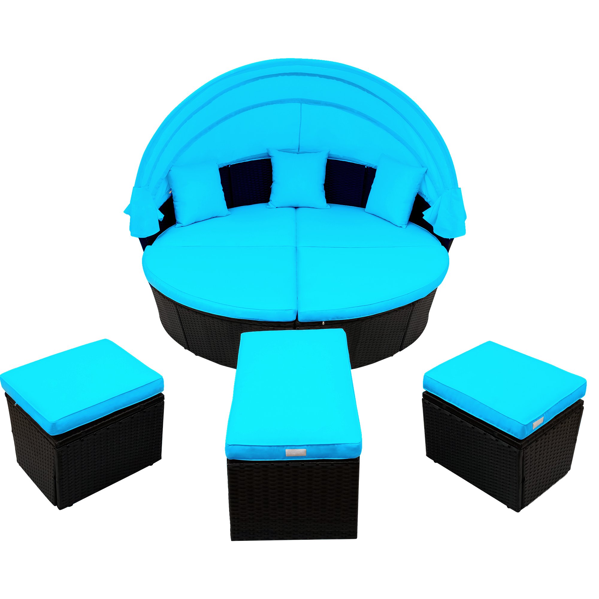 Canddidliike Outdoor Lounge Round Sofa Set w/Blue Cushions for Patio Sectional Furniture - Black Wicker - image 3 of 10