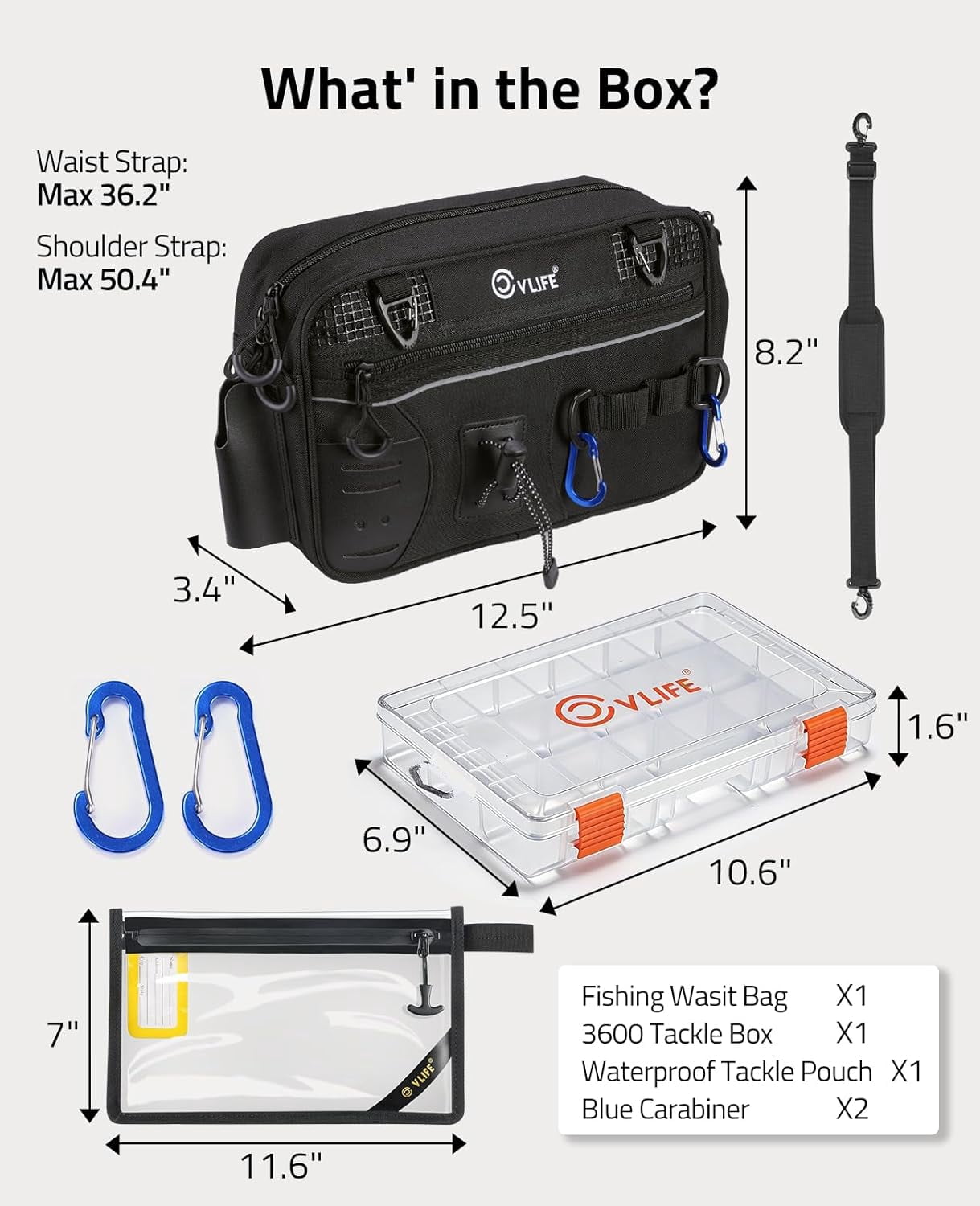 Fishing Tackle Bag Waist Pack with Rod Holder, Water Resistant Fanny Pack Includes 3600 Tackle Box, Waterproof Pouch & Carabiners