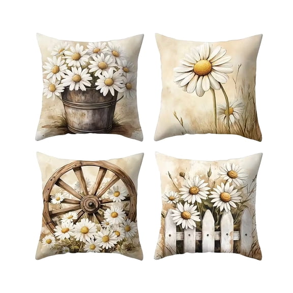 Jubipavy Pillows Cover 4 Pack Daisies Pillowcase Watercolor Flower Throw Pillow Cases For Couch Farmhouses Decor Covers For Living Room Bedroom Patio