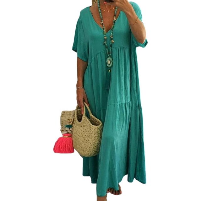 CHOK Robe Maxi en Lin Ample et Décontractée pour Femmes, Col en V, Manches Courtes, Coupe Grand et Fluide, Longue