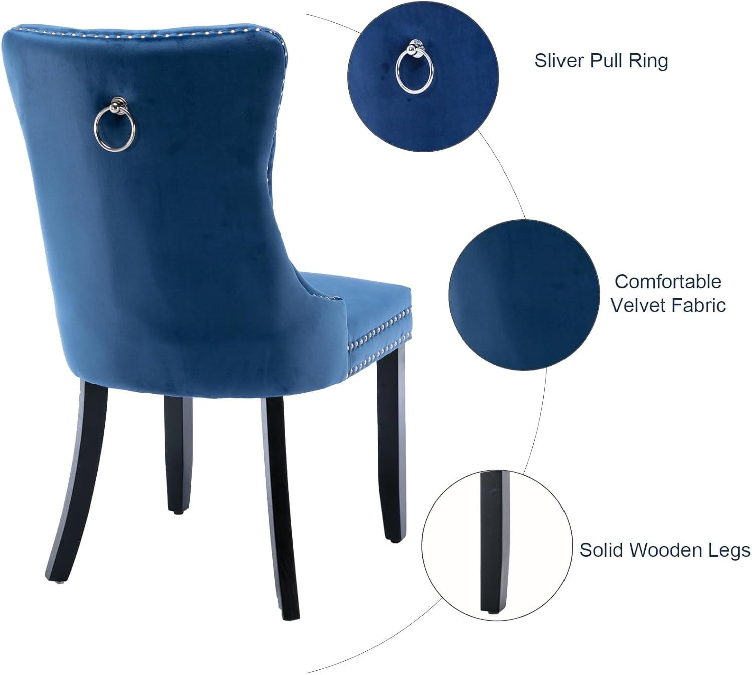 MOONMISS Dining Chairs 2-Pcs Set, High-end Velvet Upholstered Accent Chairs Button Tufted Dining Chairs with Back Ring Pull and Nailhead Trim,Blue