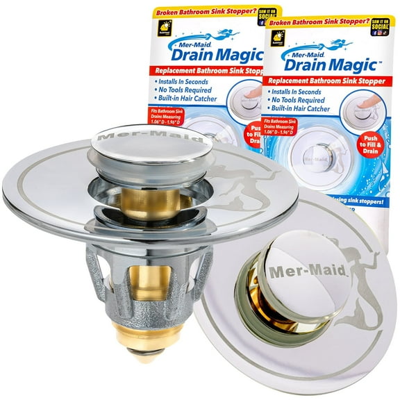 Mer-Maid Drain Magic Universal Sink Stopper, AS-SEEN-ON-TV, Replace Broken or Missing Stoppers, Push to Fill & Drain, Catches Hair & Prevents Clogs,Silicone Seal, Instant Install, No Tools, 2 Pack