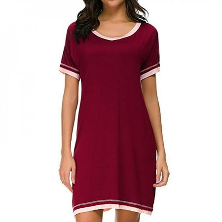 

Newway Women Dress Cotton Solid Color Round Neck Short Sleeve Nightdress Solid Color Clothes//