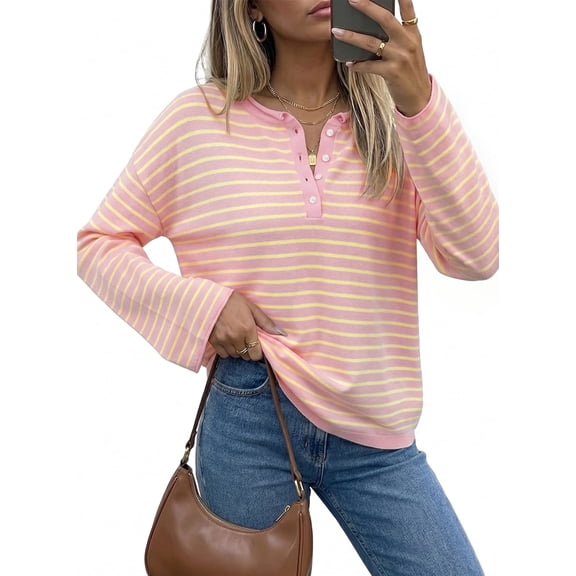 DOKOTOO Womens Striped Sweaters Long Sleeve Henley Knit Pullover Button Lightweight Soft Casual Sweater Tops S-2XL