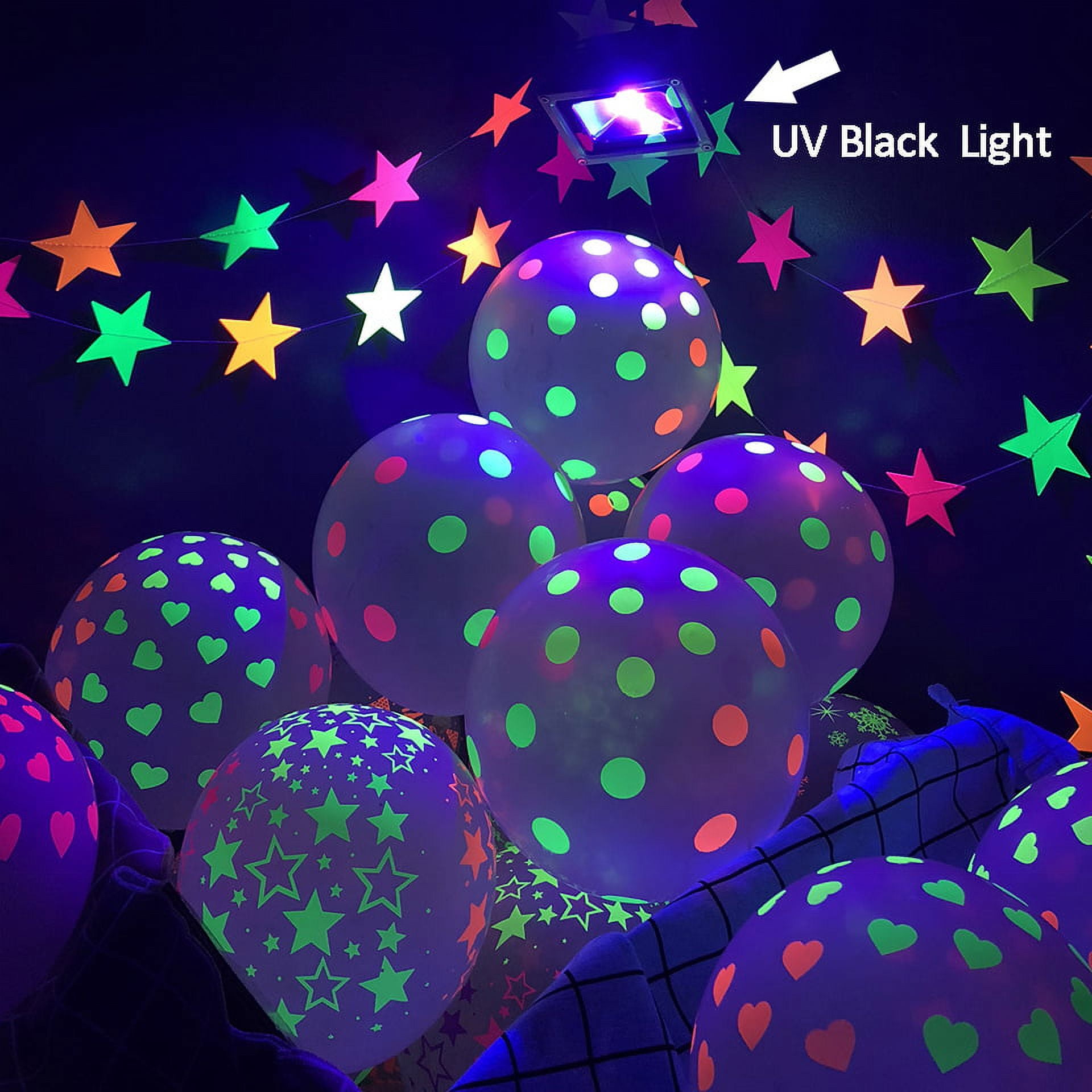 Black light party decor. Maze from yarn. Neon sharpie polka dots on  balloons.