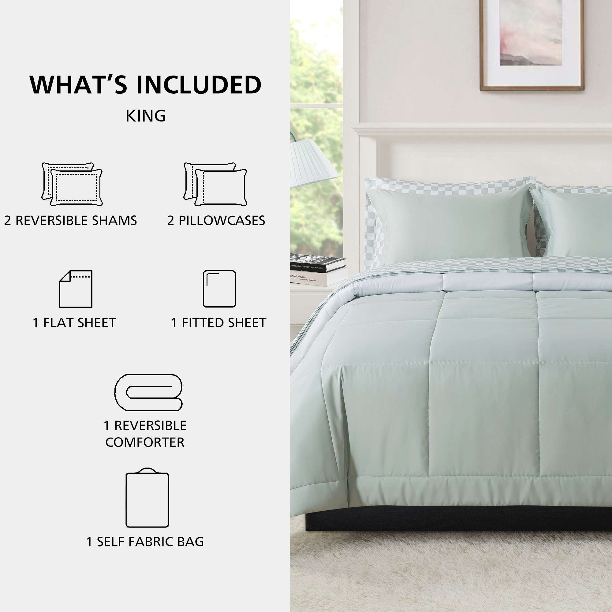 Mainstays All in One Reversible Comforter and Sheet Set, 7-Piece, King, Sage