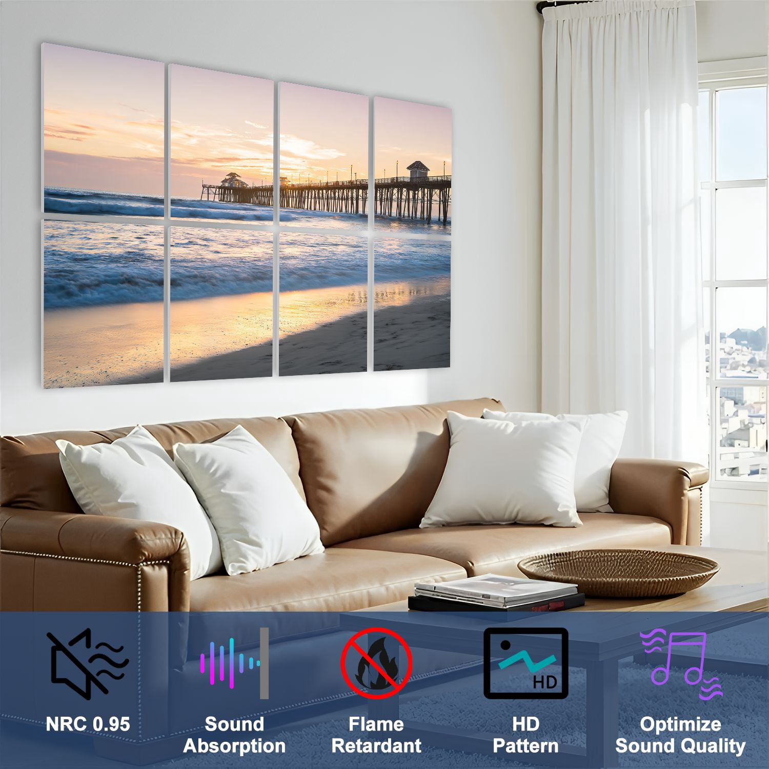 8 Pack Art Acoustic Panels Sound Absorbing Gorgeous Beach Sunset Decorative Soundproof Wall Panels Self Adhesive for Nursery Game Room Bedroom 48"x32"