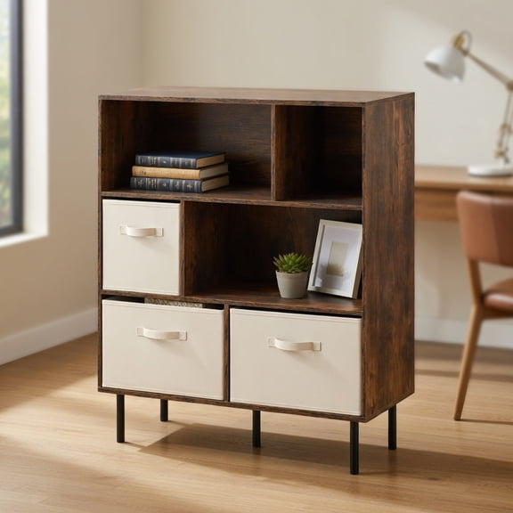 Resenkos 6-Cube Bookshelf with 3 Removable Folding Fabric Drawers, Versatile Storage Cabinet for Living Room, Bedroom, Rustic Brown