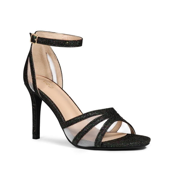 BLISSFUL STEP Women's Shoes Glitter Ankle Strap Buckle Open Toe Stiletto Heels Sandals Black 8.5