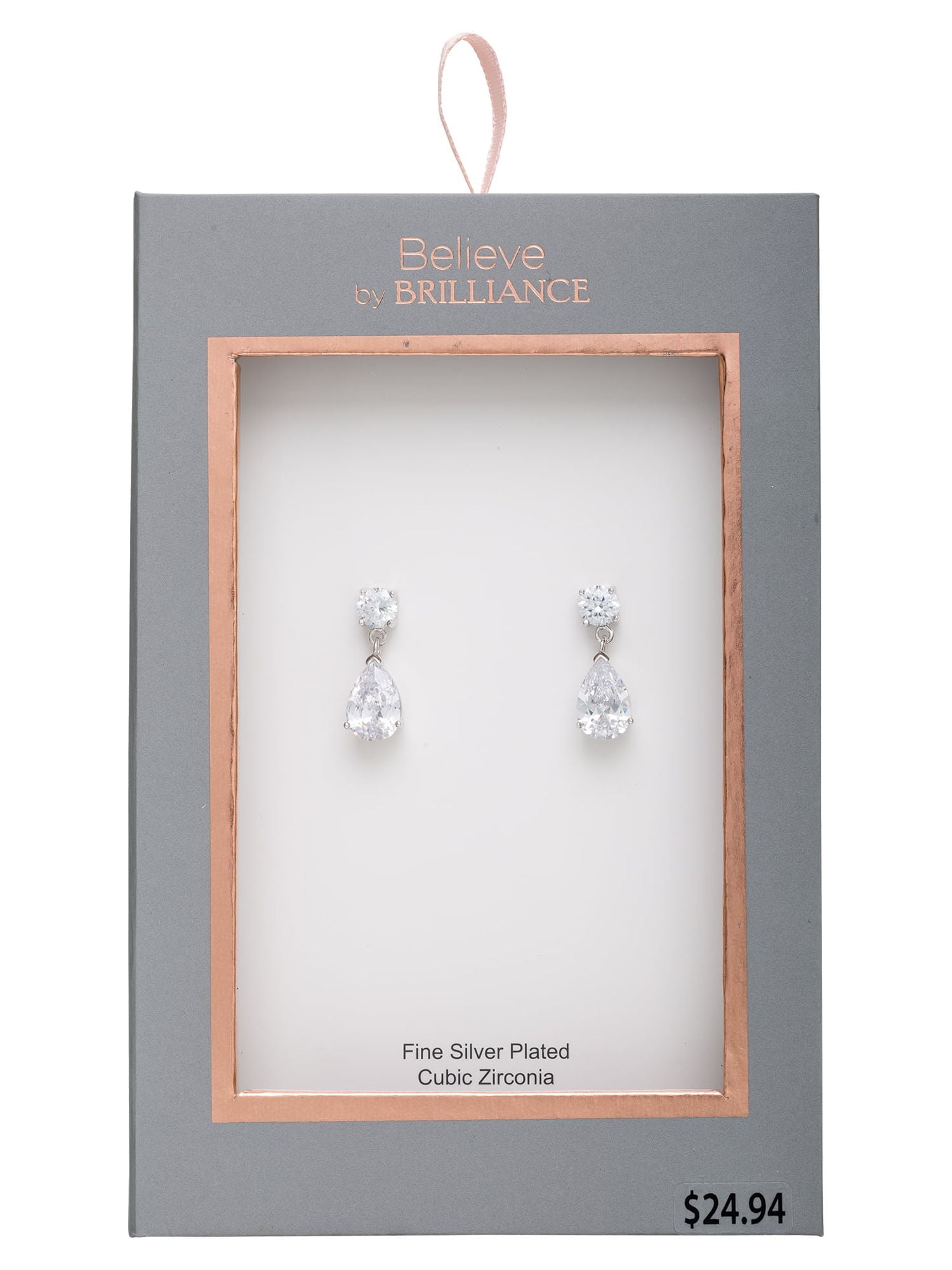 Believe by Brilliance Women's Sterling Silver and Cubic Zirconia Double Stone Pear Drop Earrings
