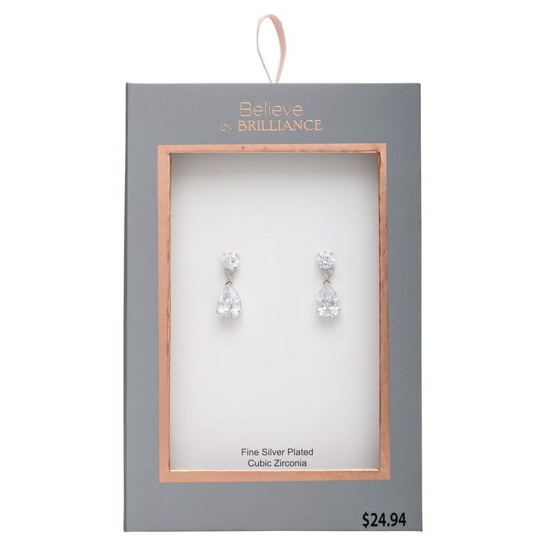 Believe by Brilliance Women s Sterling Silver and Cubic Zirconia Double Stone Pear Drop Earrings Walmart