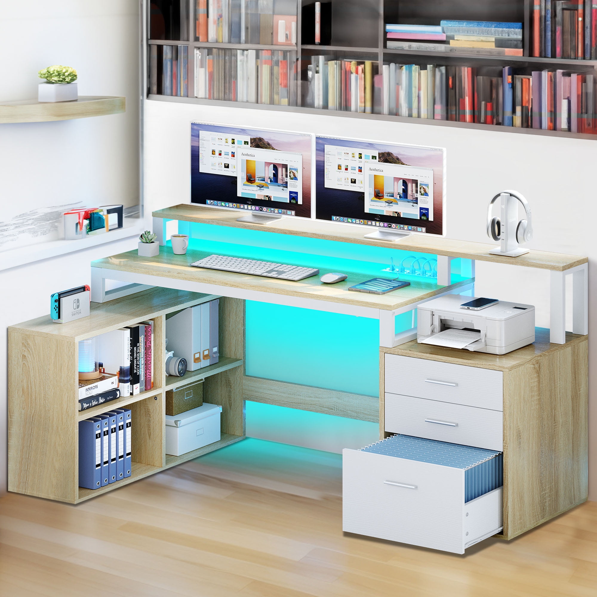 Dextrus 65" L Shaped Desk with Power Outlets and Monitor Stand , Computer Desk with LED Light &File Cabinet, Corner Desk with 3 Drawers & 4 Open Storage Shelves, Modern Home Office Desk, Oak