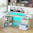 thumbnail image 3 of Dextrus 65" L Shaped Desk with Power Outlets and Monitor Stand , Computer Desk with LED Light &File Cabinet, Corner Desk with 3 Drawers & 4 Open Storage Shelves, Modern Home Office Desk, Oak, 3 of 11