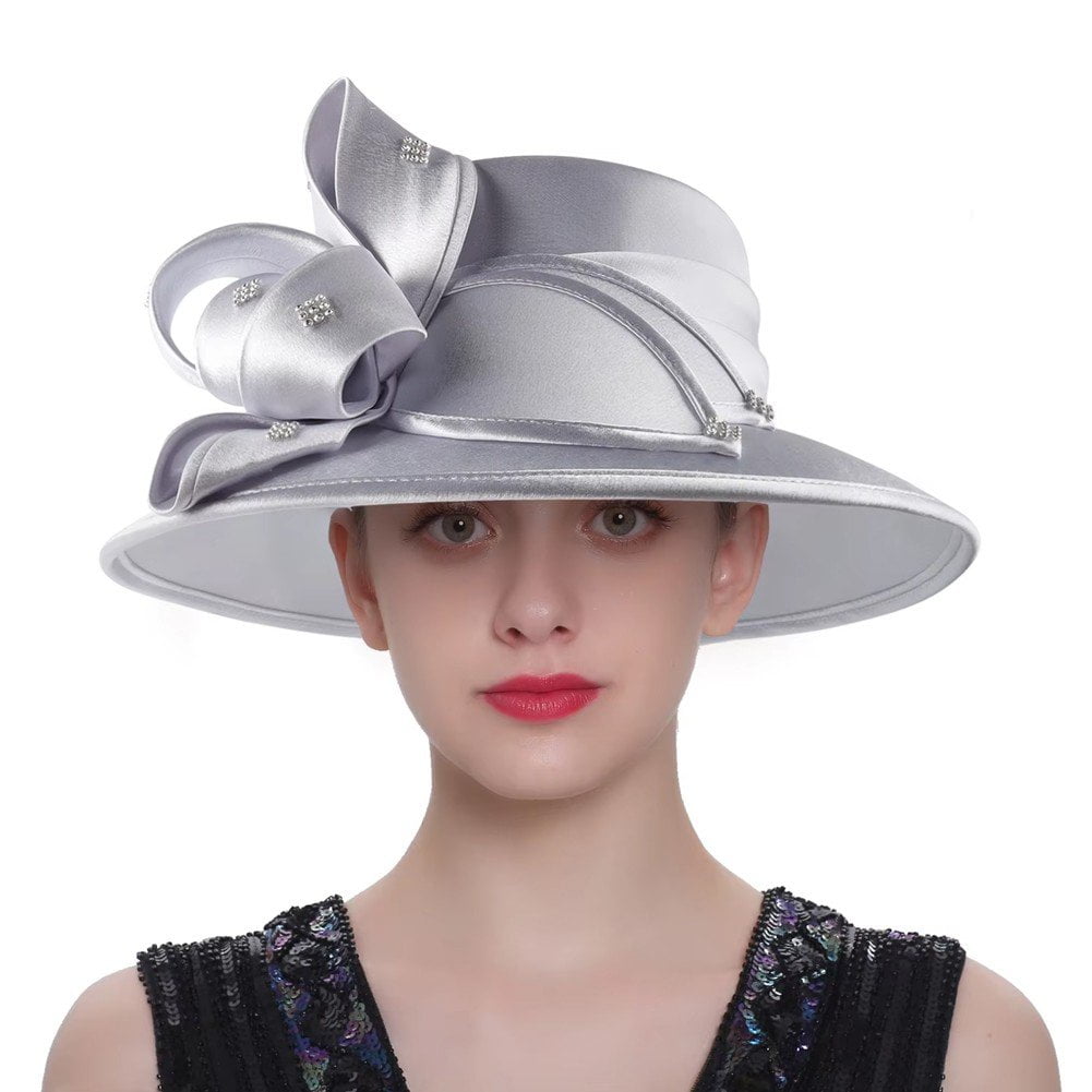 Jiibva Satin Cloth Church Hat Women Wide Brim Hat Elegant Wedding Photography Hat Female Banquet Fancy Fascinator Formal Hat