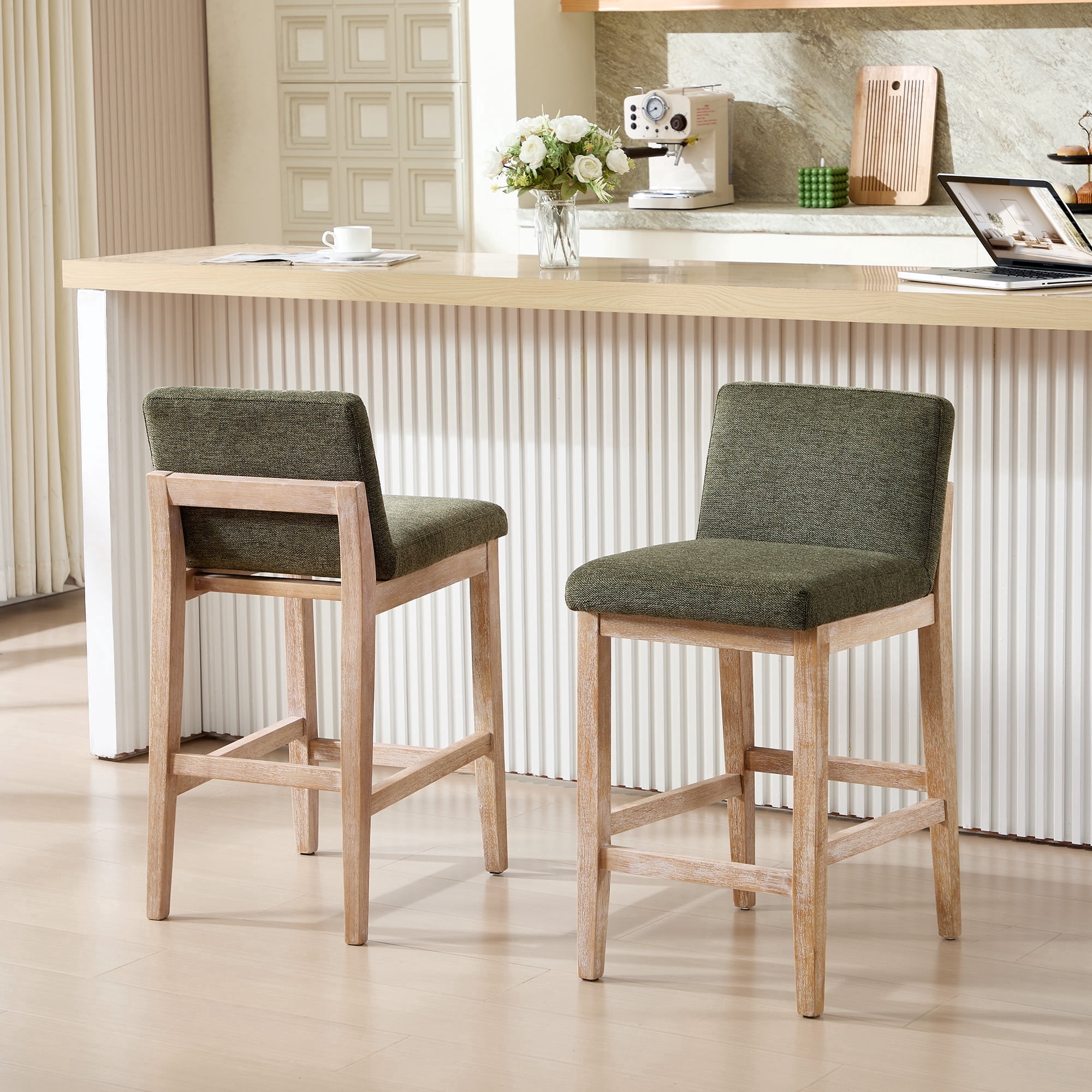 Zesthouse 25.8" Modern Bar Stools Set of 2, Wooden Counter Height Barstools with Back, Upholstered Linen Counter Stools with Distressed Solid Wood Legs for Kitchen Island, Green