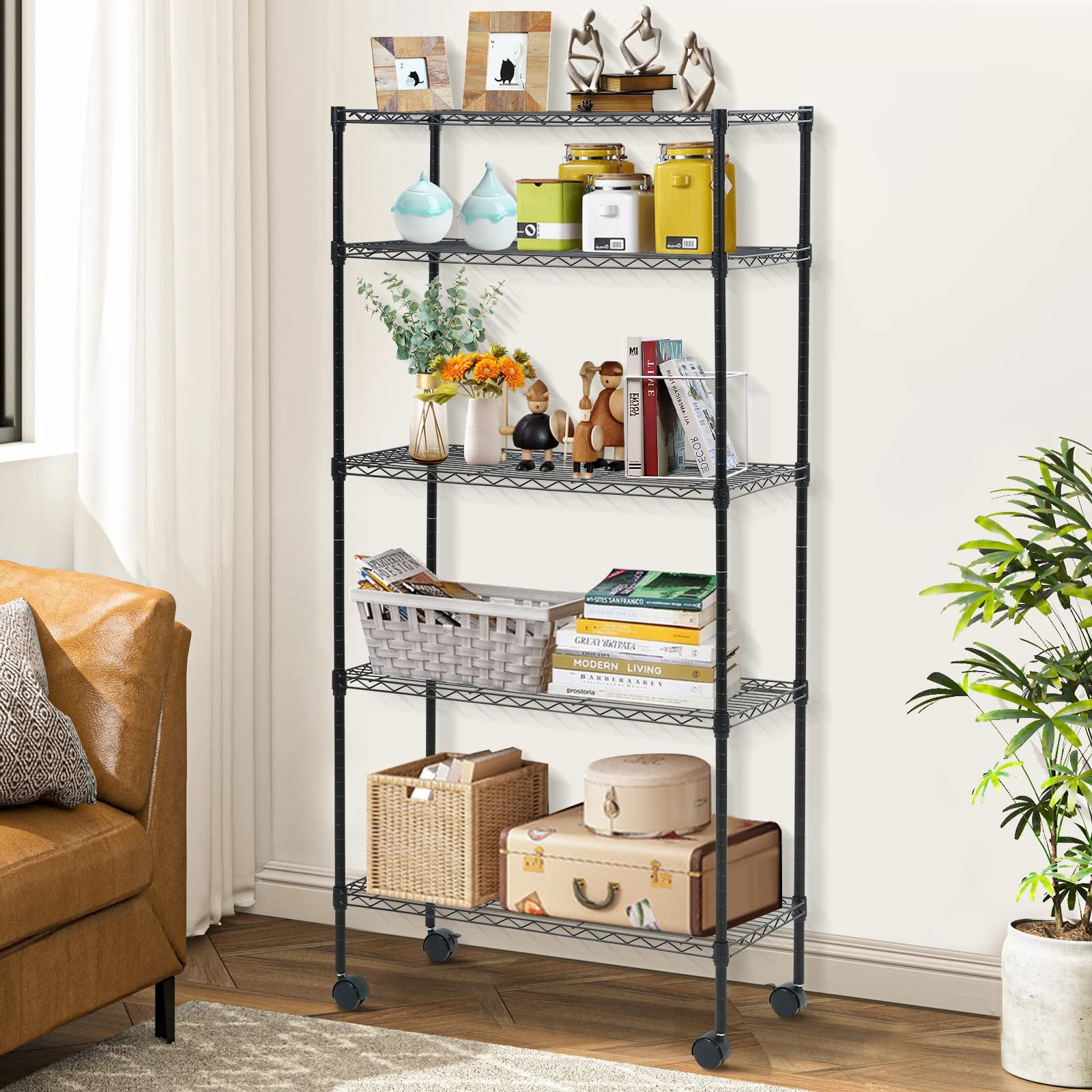 NiamVelo Storage Shelves 5-Tier Wire Shelving Unit with Wheels ,  Adjustable  Metal Shelves Heavy Duty NSF Garage Shelves  750 lbs Capacity (Black)