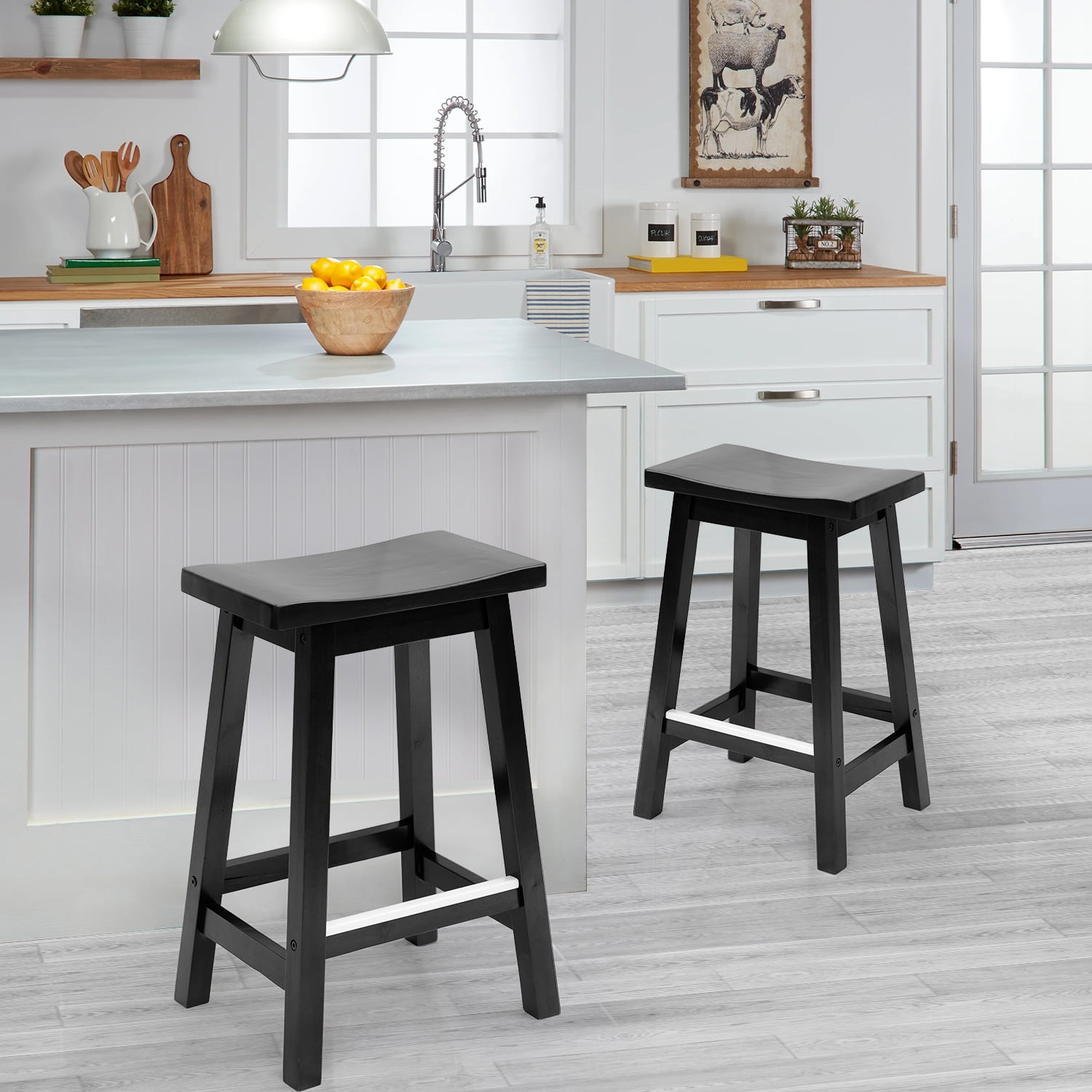 PayLessHere Bar Stools Set of 2 for Kitchen Counter Solid Wooden Saddle Stools 24-Inch/30-Inch Height (Black, 24 in)