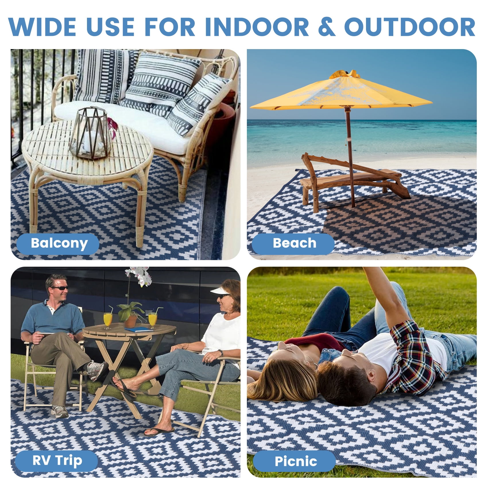 Flngr Reversible UV-Stabilized Outdoor Rug, 6 x 9 ft, Waterproof Plastic Straw for Garden, Patio, Deck, Balcony
