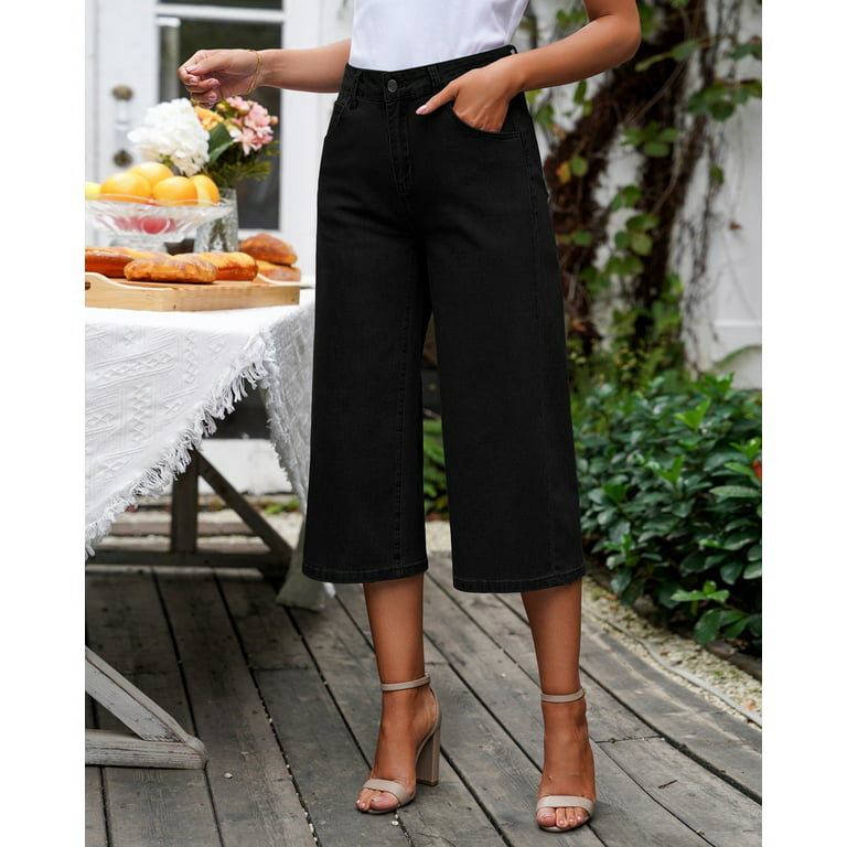 Vetinee Women's Stretchy High Waisted Capri Jeans Wide Leg Loose Denim Pants  Black Size L Fit Size 12 Size 14 