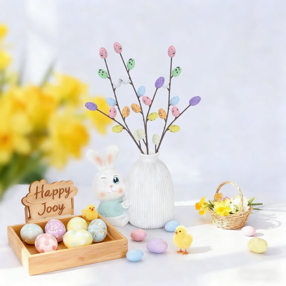 Kumdkd Easter Egg Branch Decor 13.78in, Multicolor Plastic Easter Tree Branch with Foam Eggs & Blossoms for Vase, Mantel, Table Centerpiece & Spring Holiday Decorations