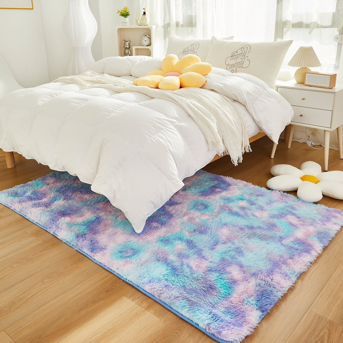PERFEMET Rainbow Purple Teal Big Area Rugs 5x8 Carpet Tie Dye Plush Shag Rugs for Bedroom Living Room Floor Mat for Nursery Dorm Soft Rectangular Rug(5'x8', Teal Purple)