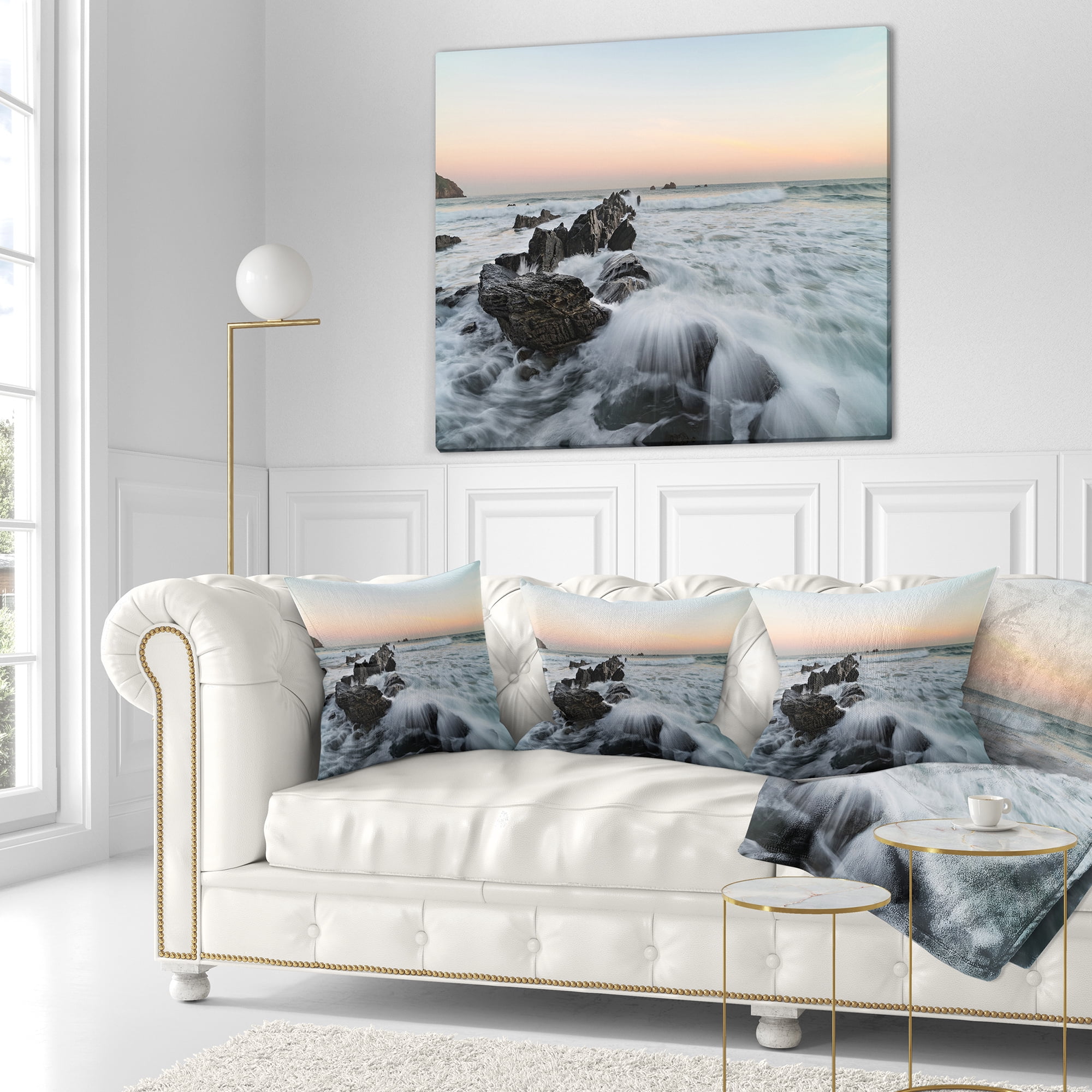 Designart Bay of Biscay White Waves Hitting Beach - Seashore Throw Pillow - 18x18