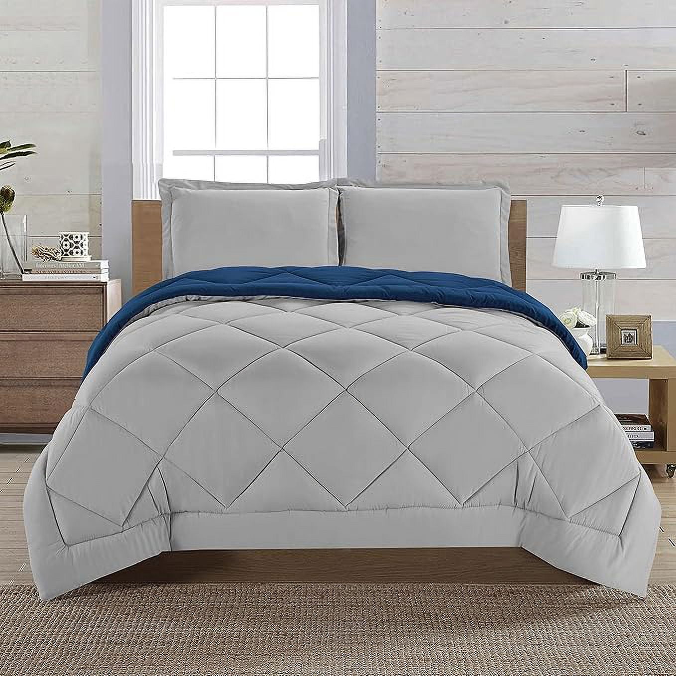 Elegant Comfort Reversible 3-Piece Comforter Set All Season, Ultra Soft, Down Alternative Comforter, 3PC Comf-F/Q, Silver/Navy