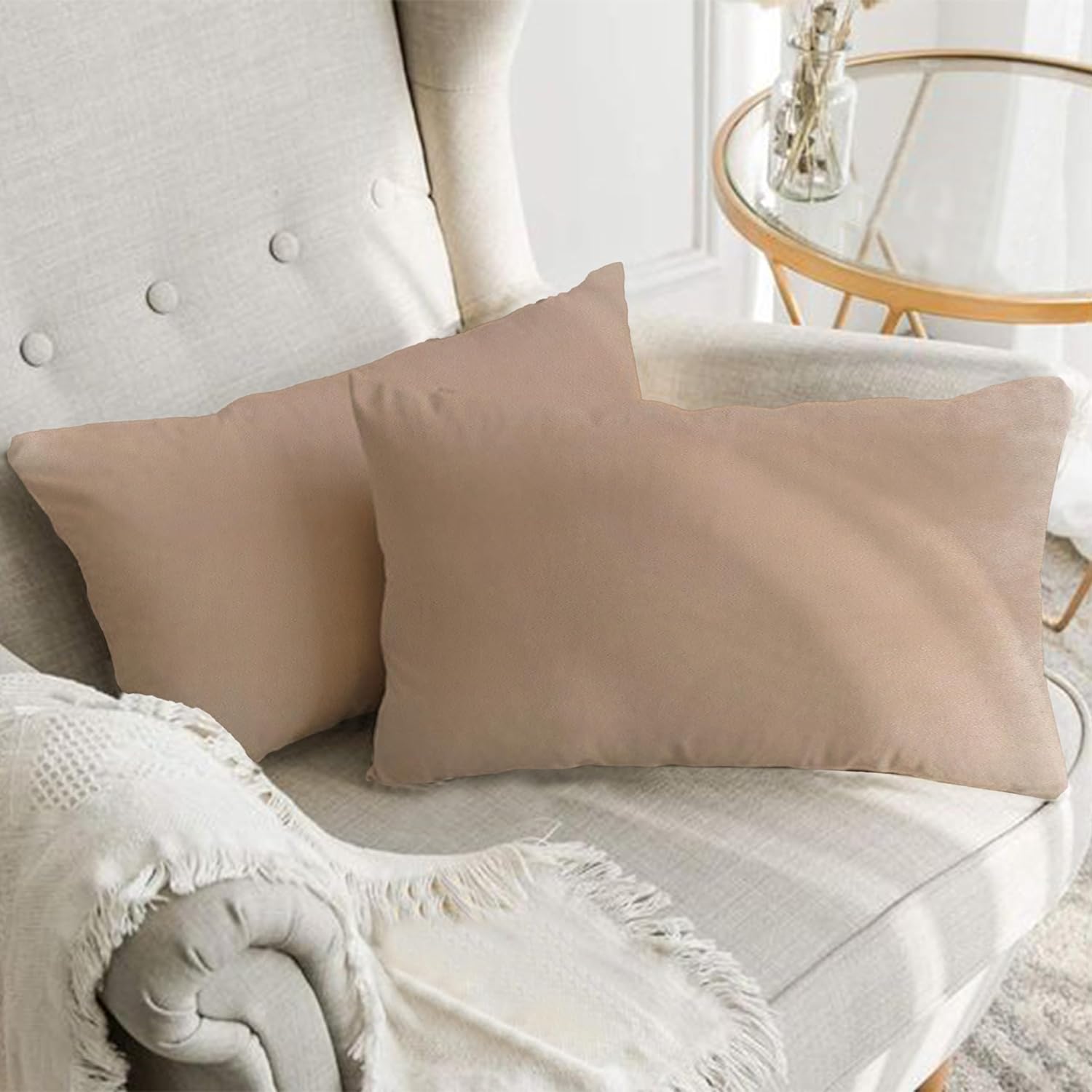A1HC Set of 2 Luxurious Soft Velvet Throw Pillow Covers Only, 12"x20", Khaki, Decorative Cushion Covers with Hidden YKK Zipper for Sofa or Bed